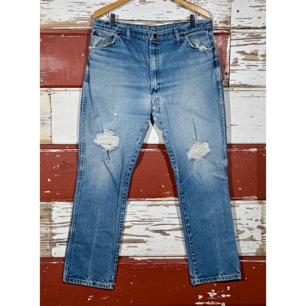 80s USA Vintage Wrangler Jeans Mens Distressed‎ Holy Denim Blue